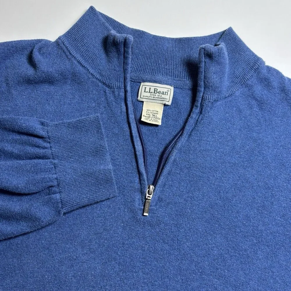 LL Bean Sweater 1/4 quarter Zip Cotton Cashmere Pullover Men's XXLT Tall Blue